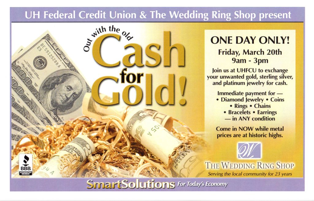 A postcard used to invite customers to a Cash for Gold Wedding Ring Shop 